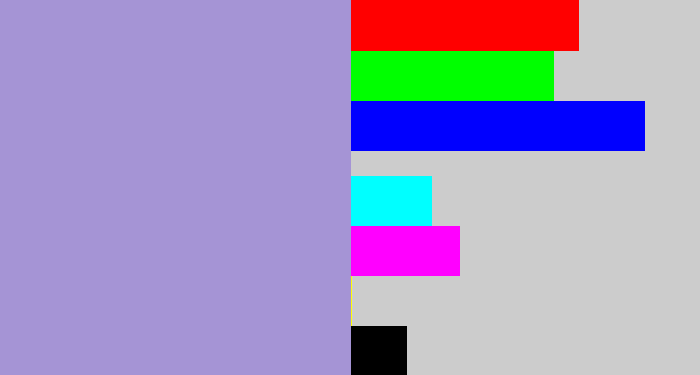 Hex color #a594d5 - pale purple