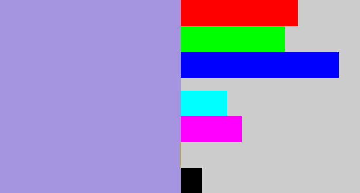 Hex color #a594e0 - pale purple