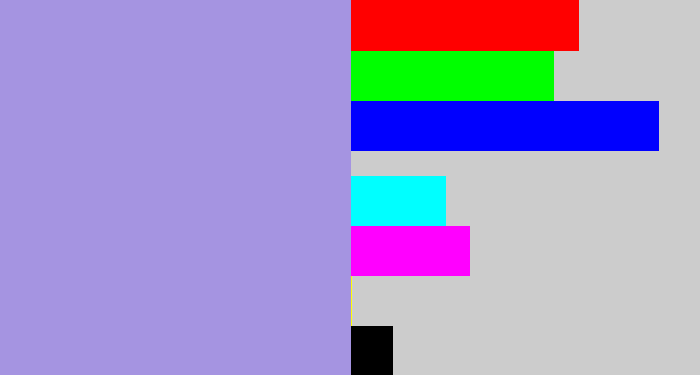 Hex color #a594e1 - pale purple