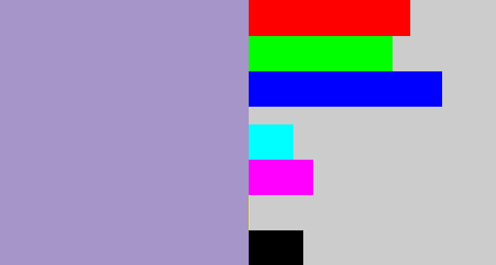 Hex color #a595c8 - pale purple