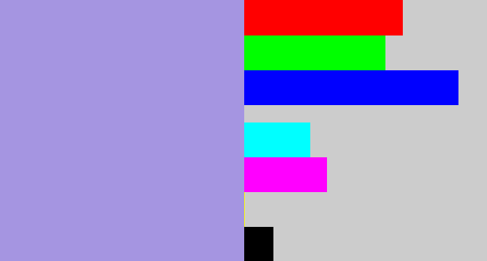 Hex color #a595e1 - pale purple