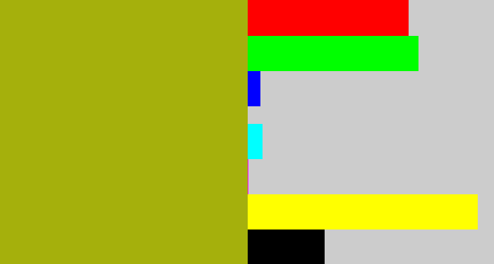 Hex color #a5b00c - mustard green