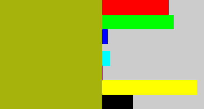 Hex color #a5b30c - mustard green