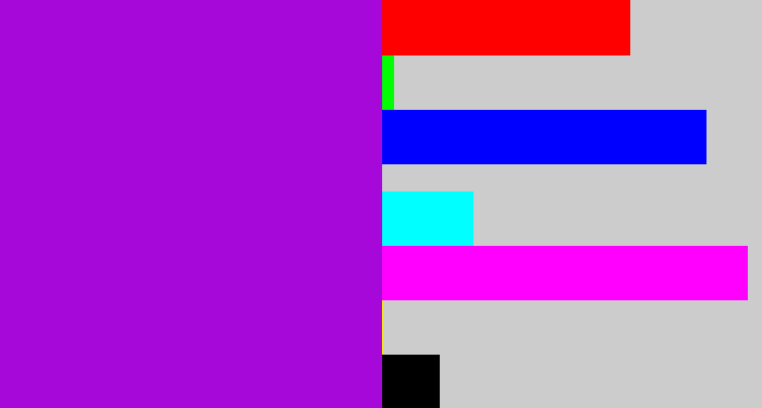 Hex color #a608da - vibrant purple