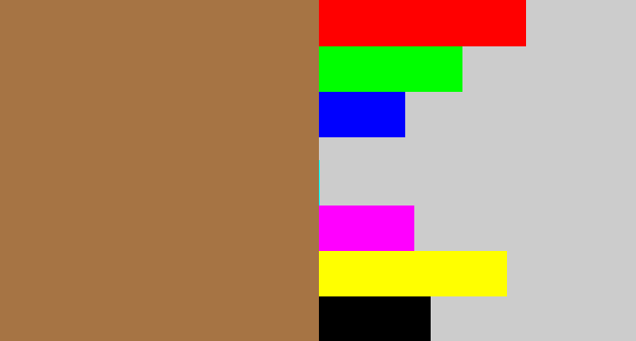 Hex color #a67444 - tan brown
