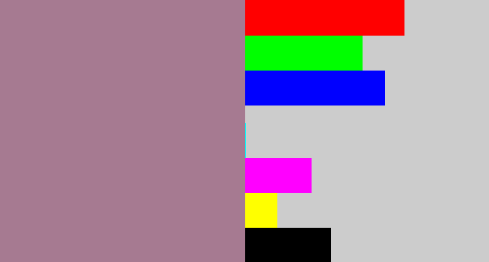 Hex color #a67a91 - purpley grey