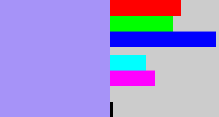 Hex color #a693f8 - periwinkle blue