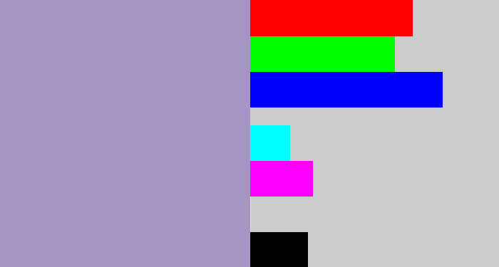 Hex color #a694c5 - pale purple