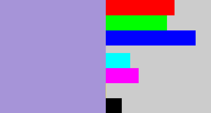Hex color #a694d8 - pale purple