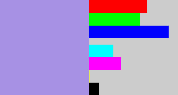 Hex color #a791e4 - pale purple