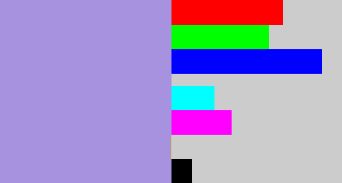 Hex color #a792e0 - pale purple