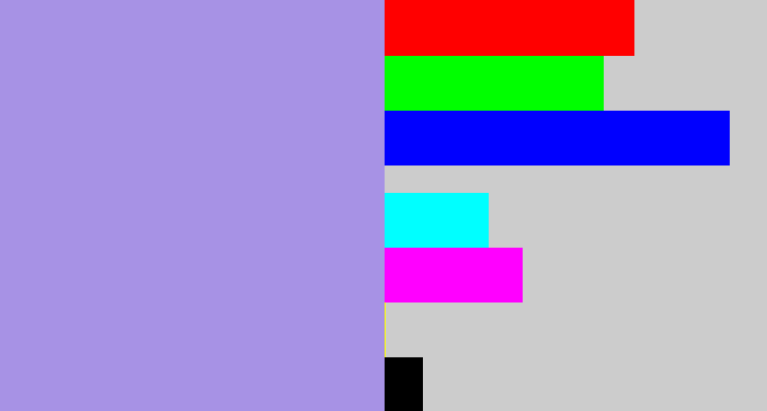 Hex color #a792e5 - pale purple