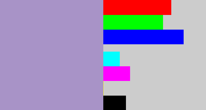 Hex color #a893c7 - pale purple