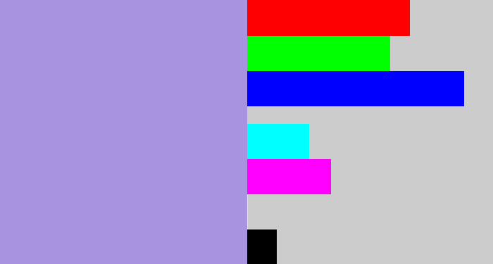 Hex color #a893e0 - pale purple