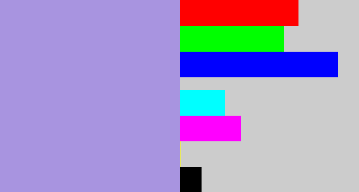 Hex color #a894e0 - pale purple