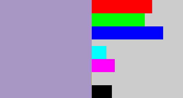 Hex color #a895c7 - pale purple