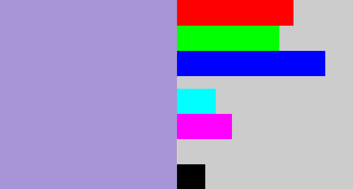 Hex color #a895d7 - pale purple