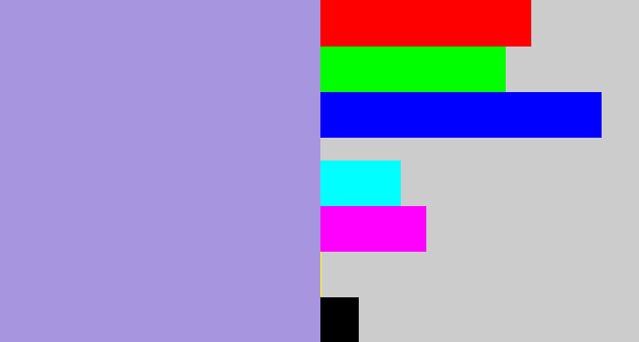 Hex color #a895e0 - pale purple