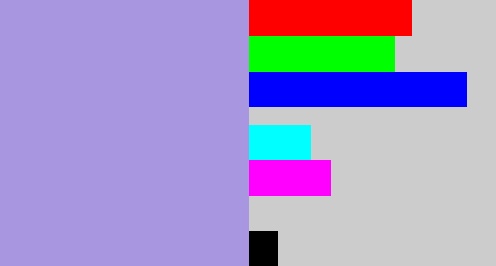 Hex color #a896e0 - pale purple