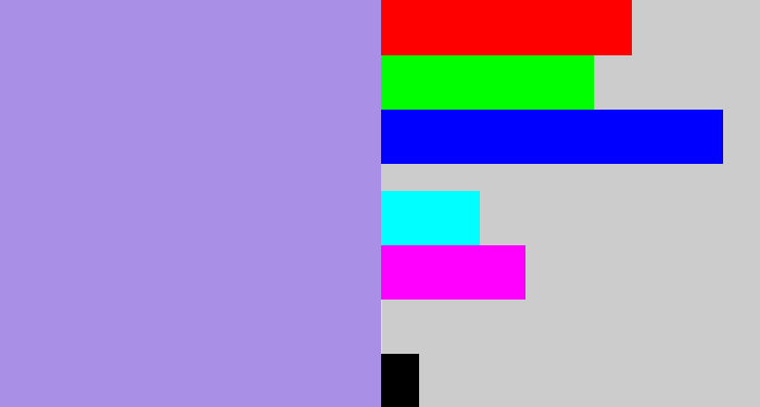 Hex color #a98fe5 - pale purple