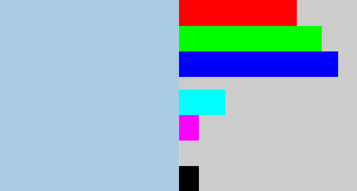 Hex color #a9cbe4 - light blue grey