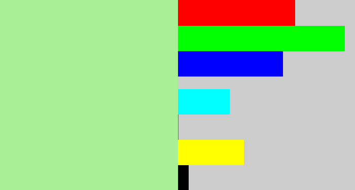 Hex color #a9ef96 - pale light green