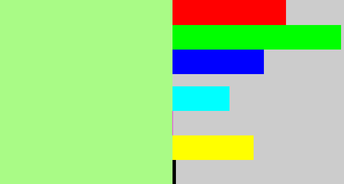 Hex color #a9fb86 - pale light green