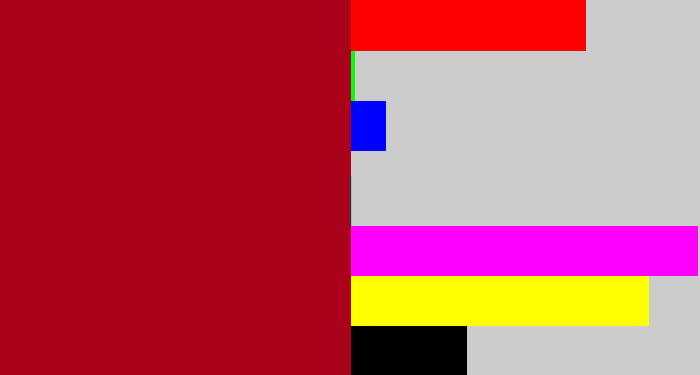 Hex color #aa021a - carmine