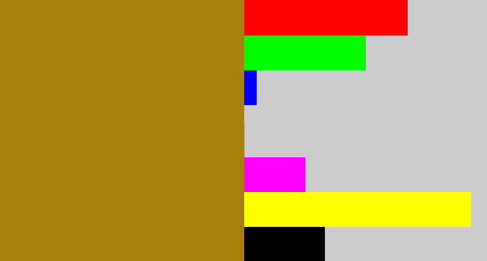 Hex color #aa800c - mustard brown