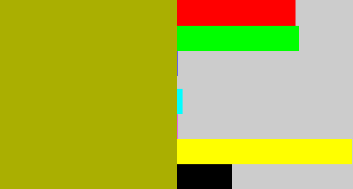 Hex color #aaaf01 - mustard green