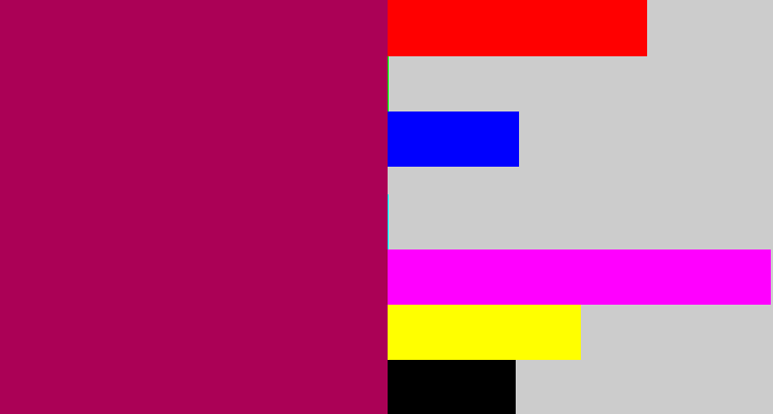 Hex color #ab0156 - violet red