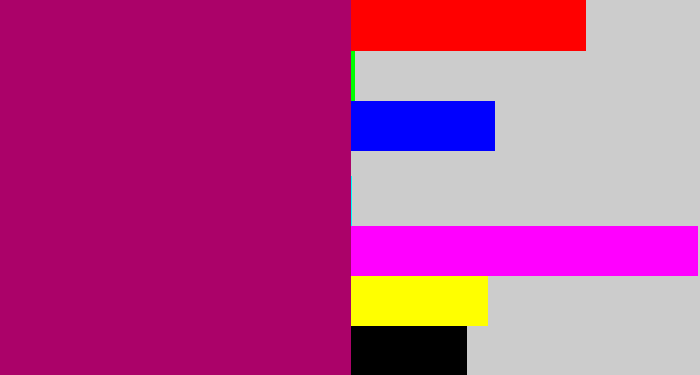 Hex color #ab0269 - red violet