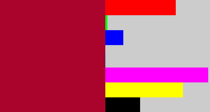 Hex color #ab042c - rouge