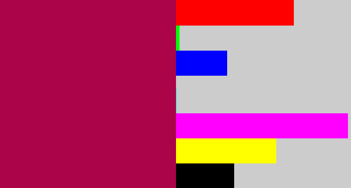 Hex color #ab0449 - purplish red