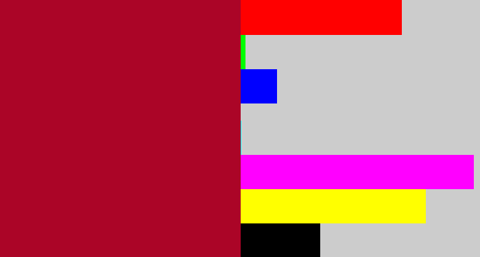 Hex color #ab0527 - rouge