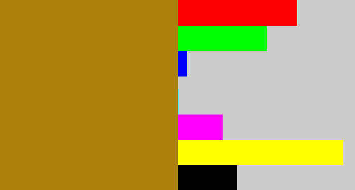 Hex color #ab800c - mustard brown