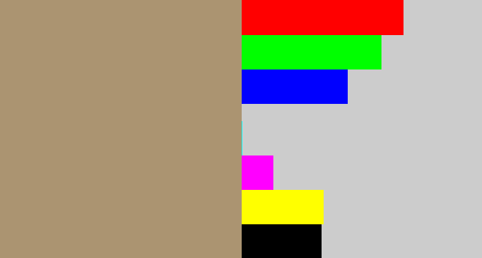 Hex color #ab9471 - pale brown