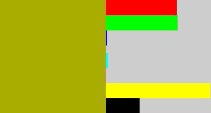 Hex color #abae02 - mustard green