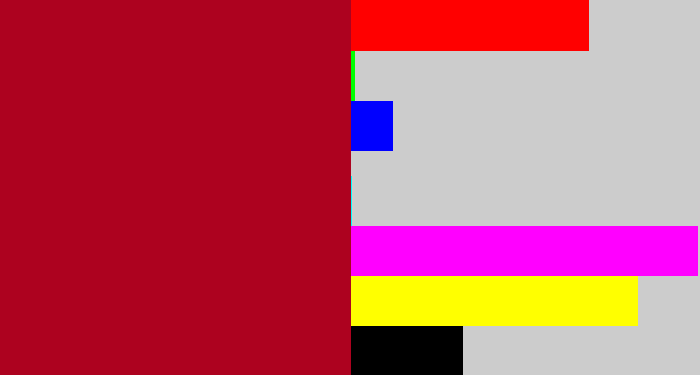 Hex color #ad021f - scarlet