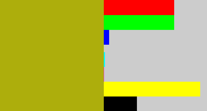 Hex color #adae0c - mustard green