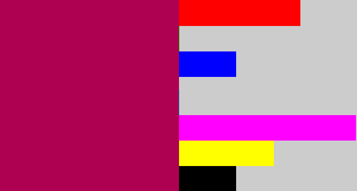Hex color #ae0152 - purplish red