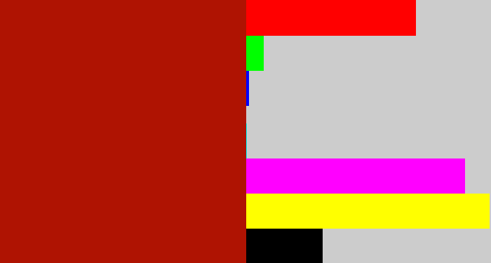 Hex color #af1302 - darkish red