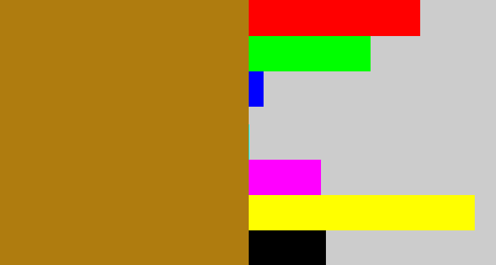 Hex color #af7c0f - mustard brown
