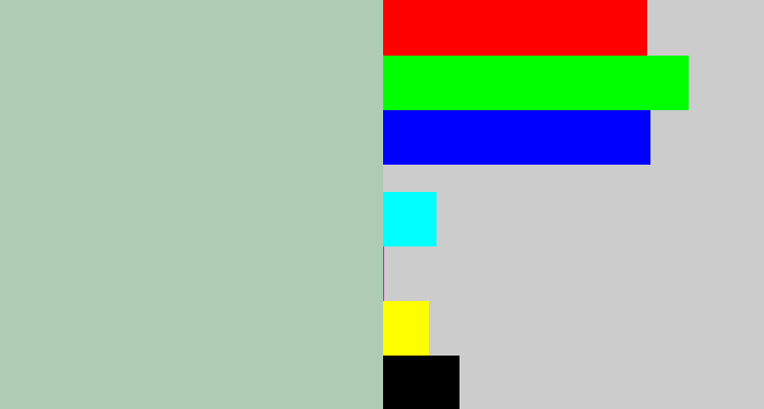 Hex color #afcbb2 - light grey green