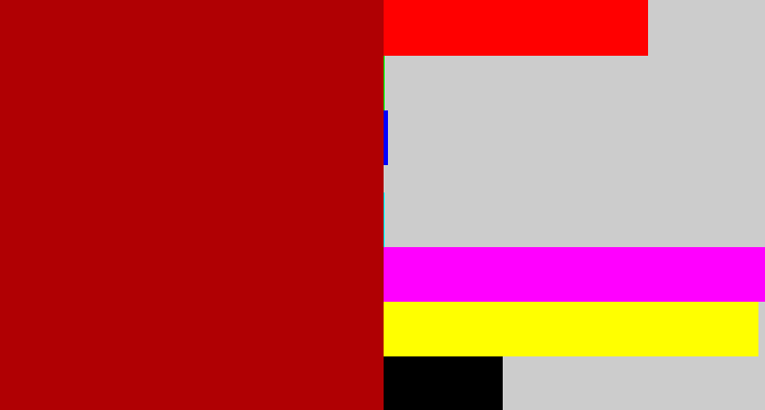 Hex color #b00003 - darkish red