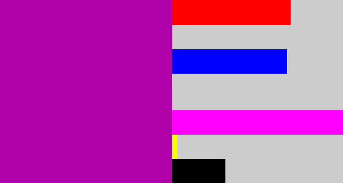 Hex color #b000aa - barney purple