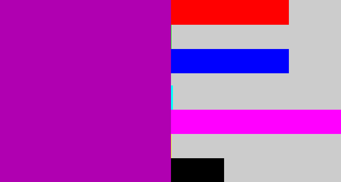 Hex color #b000b1 - barney purple