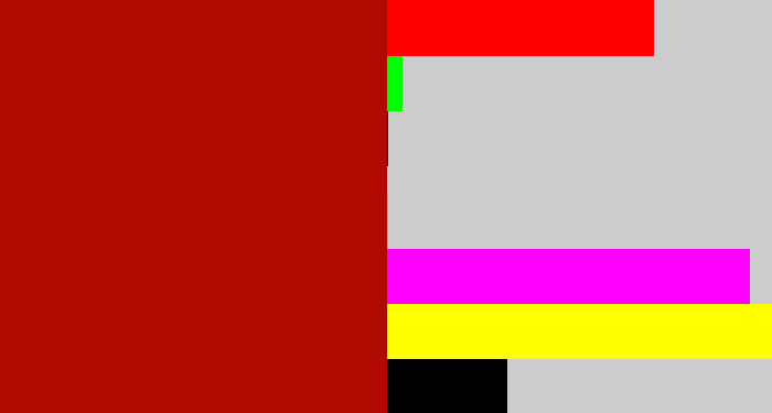 Hex color #b00a00 - darkish red