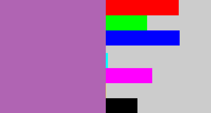 Hex color #b064b3 - soft purple