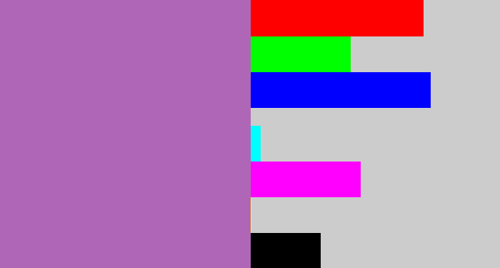 Hex color #b066b7 - soft purple